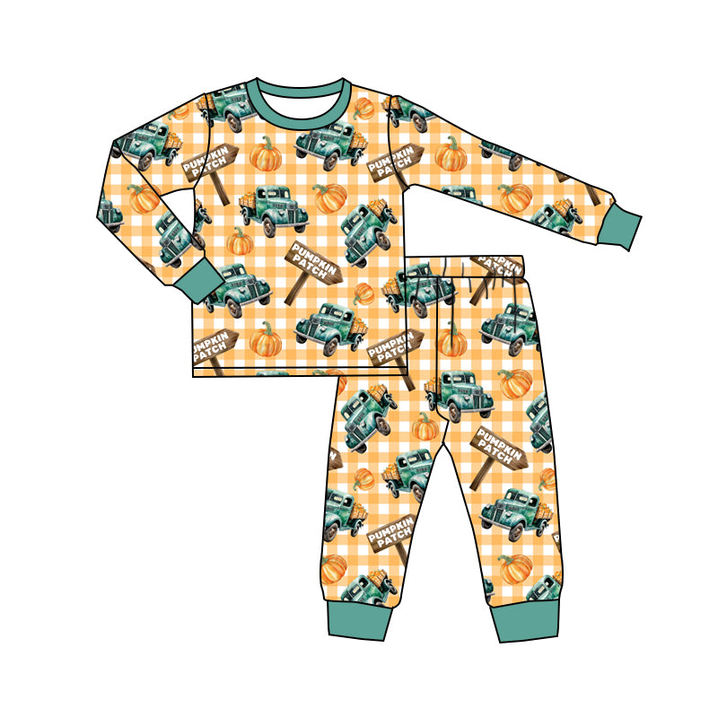 (Pre-order)BLP0843 Trucks Pumpkin Print Kids Fall Pajamas Clothes Set