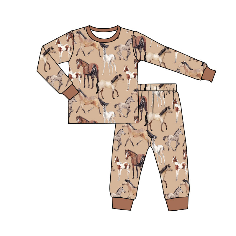 (Pre-order)BLP0852 Horse Brown Print Boys Fall Western Pajamas Clothes Set