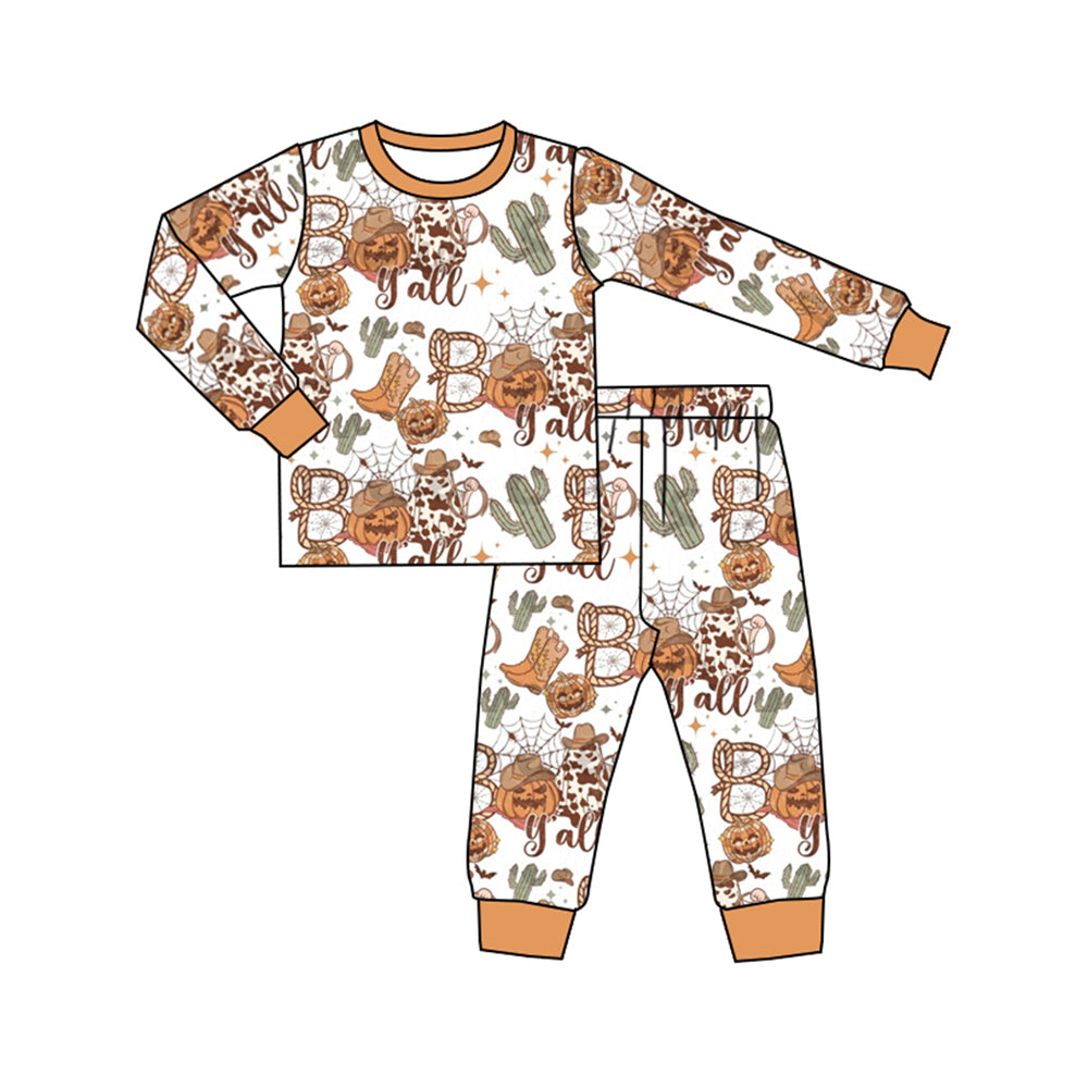 (Pre-order)BLP0853 BOO y'all Pumpkin Boots Cactus Print Girls Halloween Western Pajamas Clothes Set