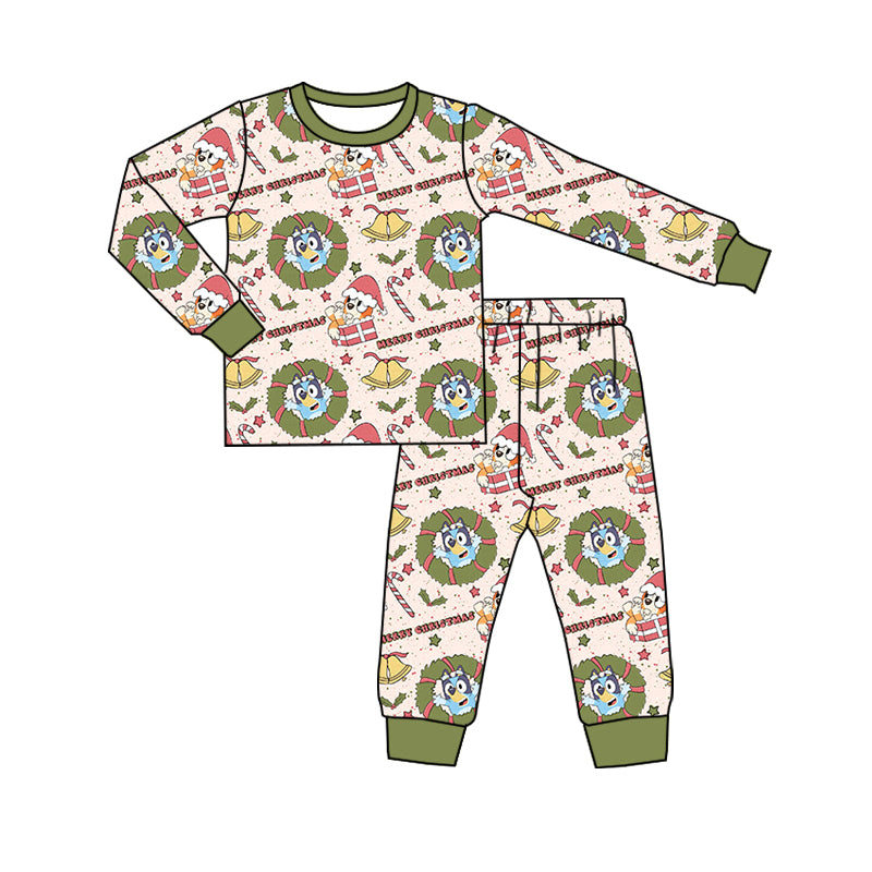 (Pre-order)BLP0858 Cartoon Dog Flowers Print Boys Christmas Pajamas Clothes Set