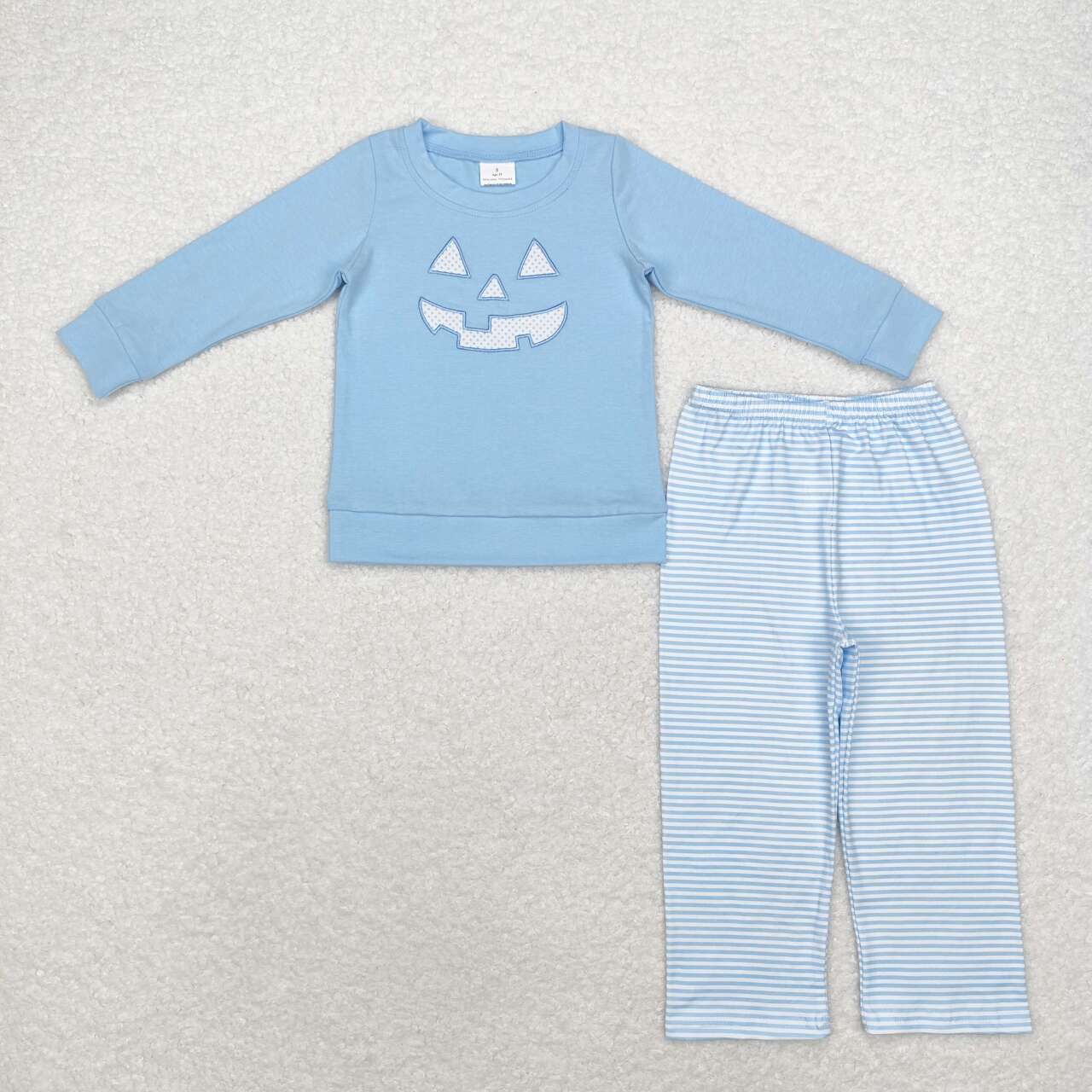 BLP0863 Ghost Face Embroidery Blue Top Stripes Pants Boys Halloween Pajamas Clothes Set