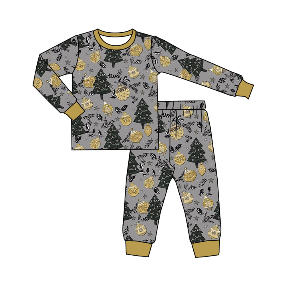 (Pre-order)BLP0869 Tree Lights Gold Print Kids Happy New Year Pajamas Clothes Set