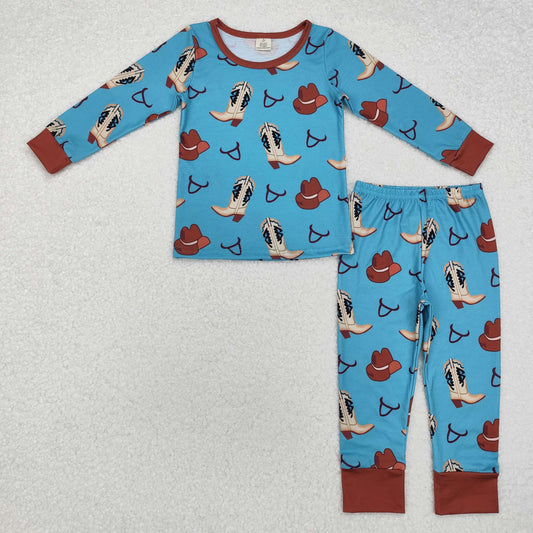 BLP0872 Boots Hat Blue Print Girls Fall Western Bamboo Pajamas Clothes Set