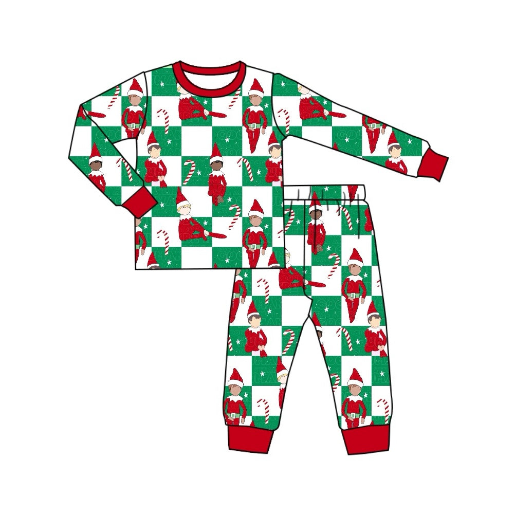 (Pre-order)BLP0875 Shelf Candy Cane Plaid Print Boys Christmas Pajamas Clothes Set