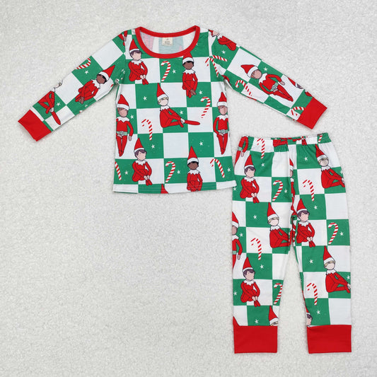 BLP0875 Cartoon Shelf Candy Cane Plaid Print Boys Christmas Bamboo Pajamas Clothes Set