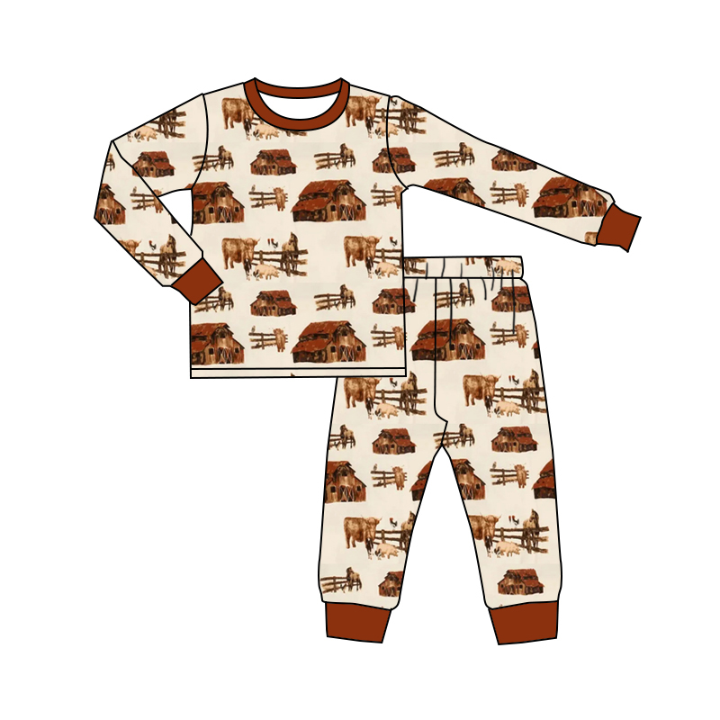 (Pre-order)BLP0876 Farm Animals Print Kids Fall Pajamas Clothes Set