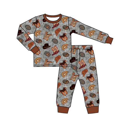 (Pre-order)BLP0877 Boots Hat Print Kids Fall Western Pajamas Clothes Set