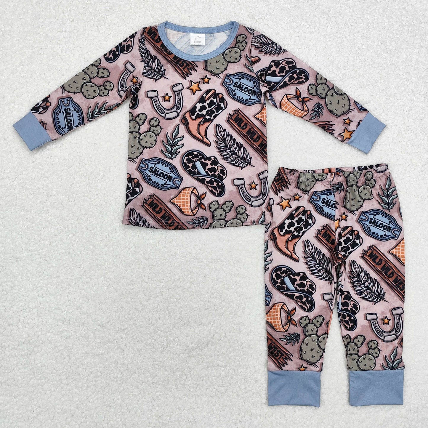 BLP0878 Wild Wild West Print Kids Fall Western Bamboo Pajamas Clothes Set