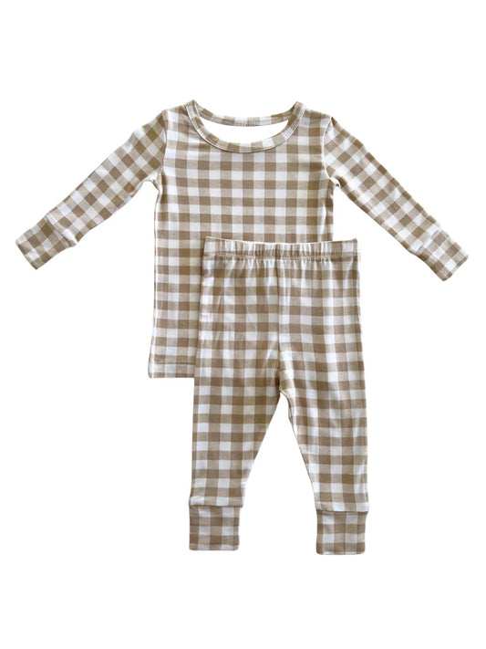 (Pre-order)BLP0879 Khaki Plaid Print Kids Fall Pajamas Clothes Set