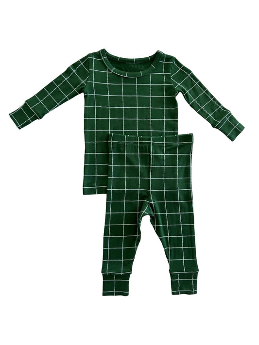 (Pre-order)BLP0882 Dark Green Print Kids Fall Pajamas Clothes Set