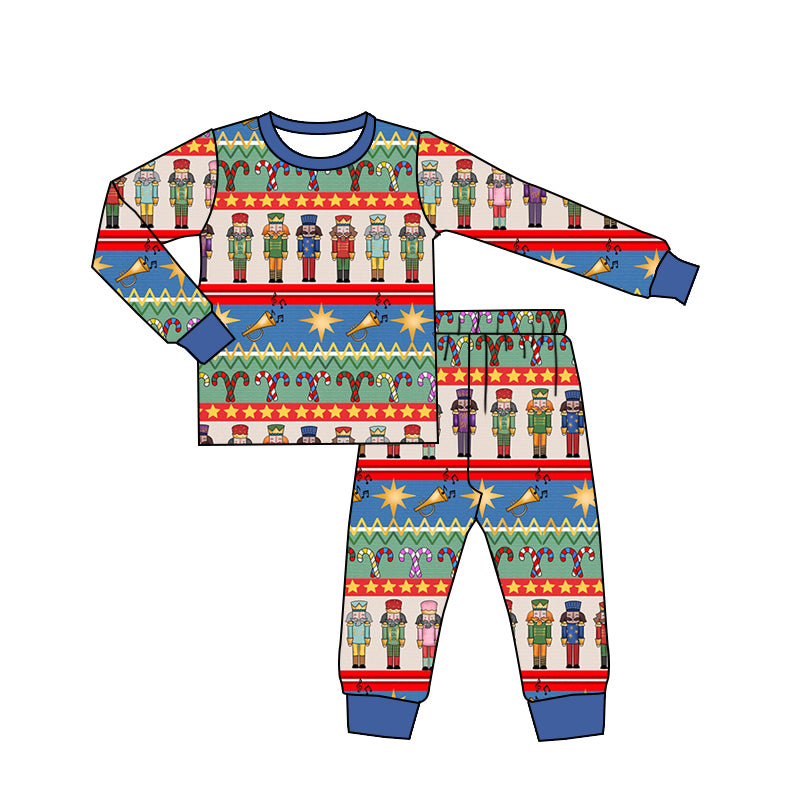 (Pre-order)BLP0887 Soldier Stars Candy Cane Print Kids Christmas Pajamas Clothes Set