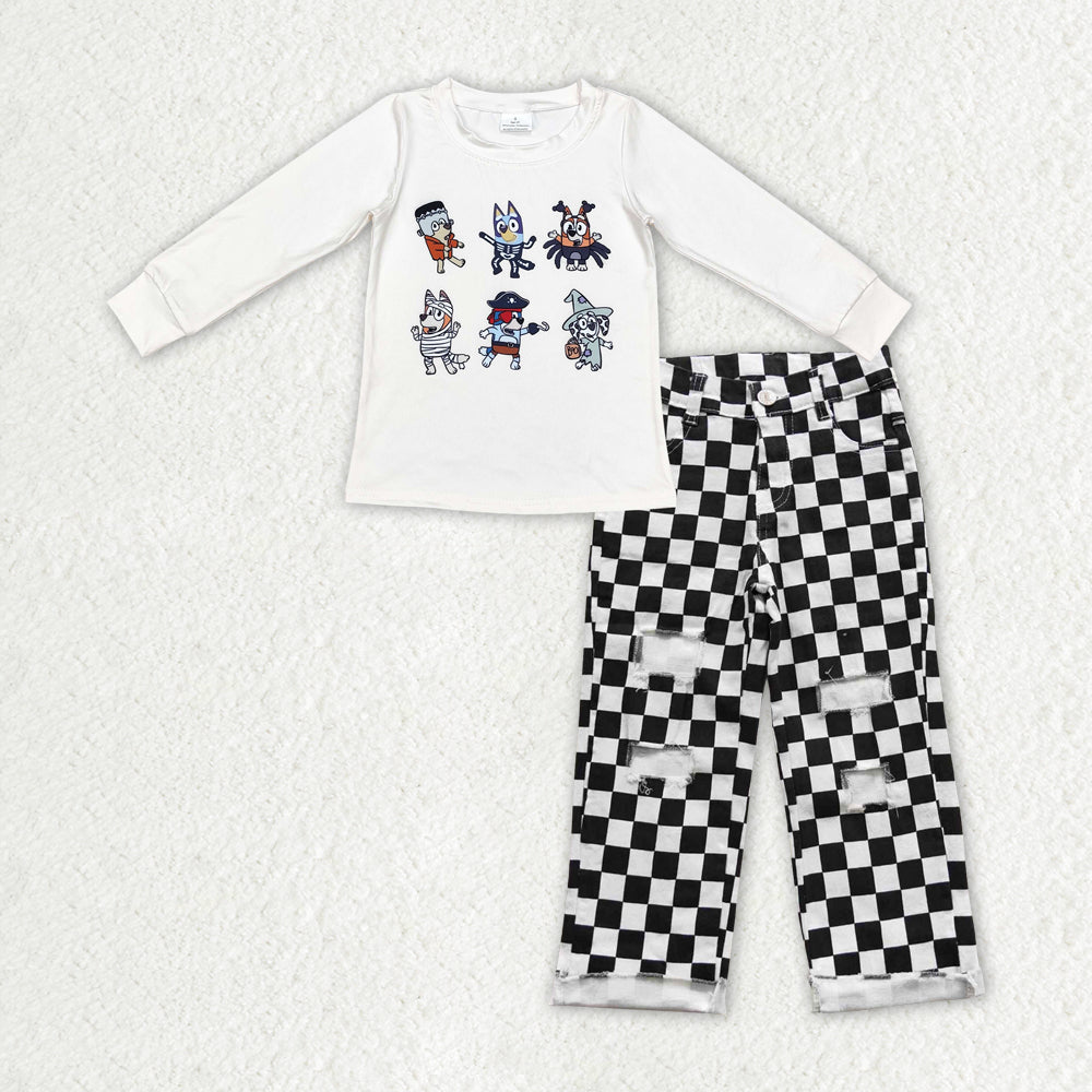 BLP0892 Cartoon Dog Top Black Plaid Denim Hole Jeans Boys Halloween Clothes Set