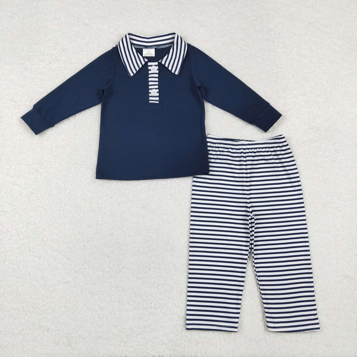 BLP0897 Navy Polo Top Stripes Pants Boys Fall Clothes Set