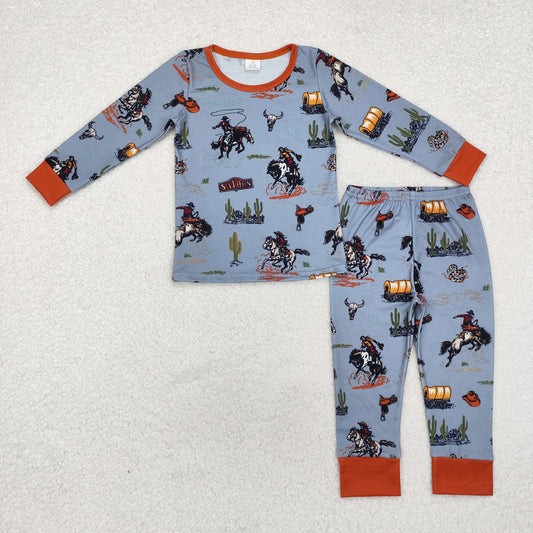 BLP0900 Cowboy Cactus Print Boys Western Bamboo Pajamas Clothes Set