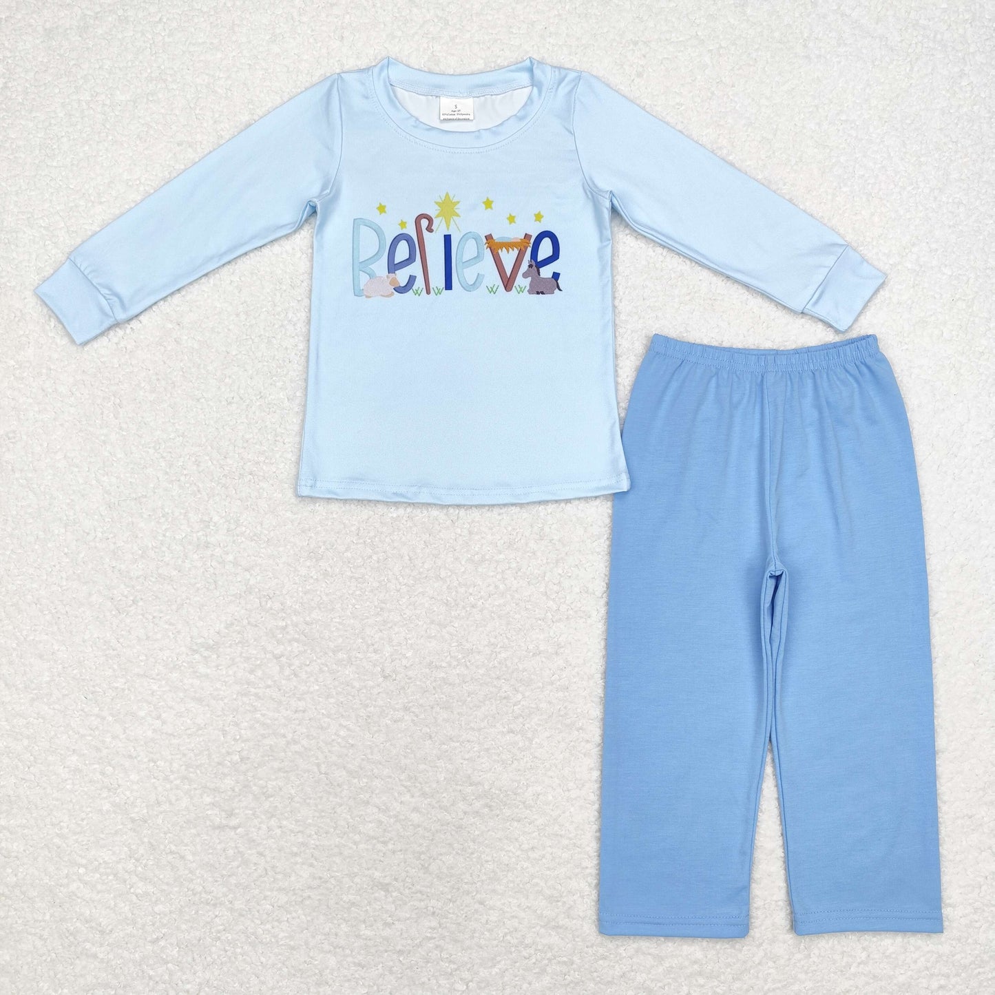 BLP0904 Believe Nativity Top Blue Pants Boys Christmas Clothes Set