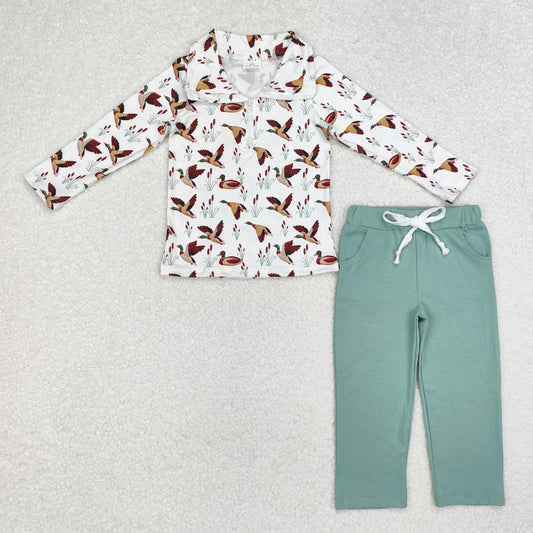 BLP0907 Duck Print Pullover Top Green Pants Boys Fall Clothes Set