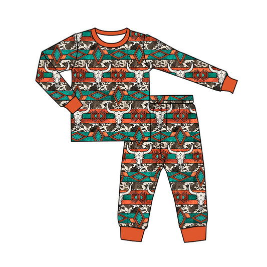 (Pre-order)BLP0908 Skull Aztec Print Kids Fall Western Pajamas Clothes Set