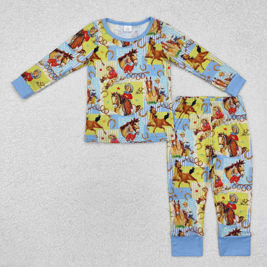 BLP0915  Cowboy Print Boys Fall Western Bamboo Pajamas Clothes Set