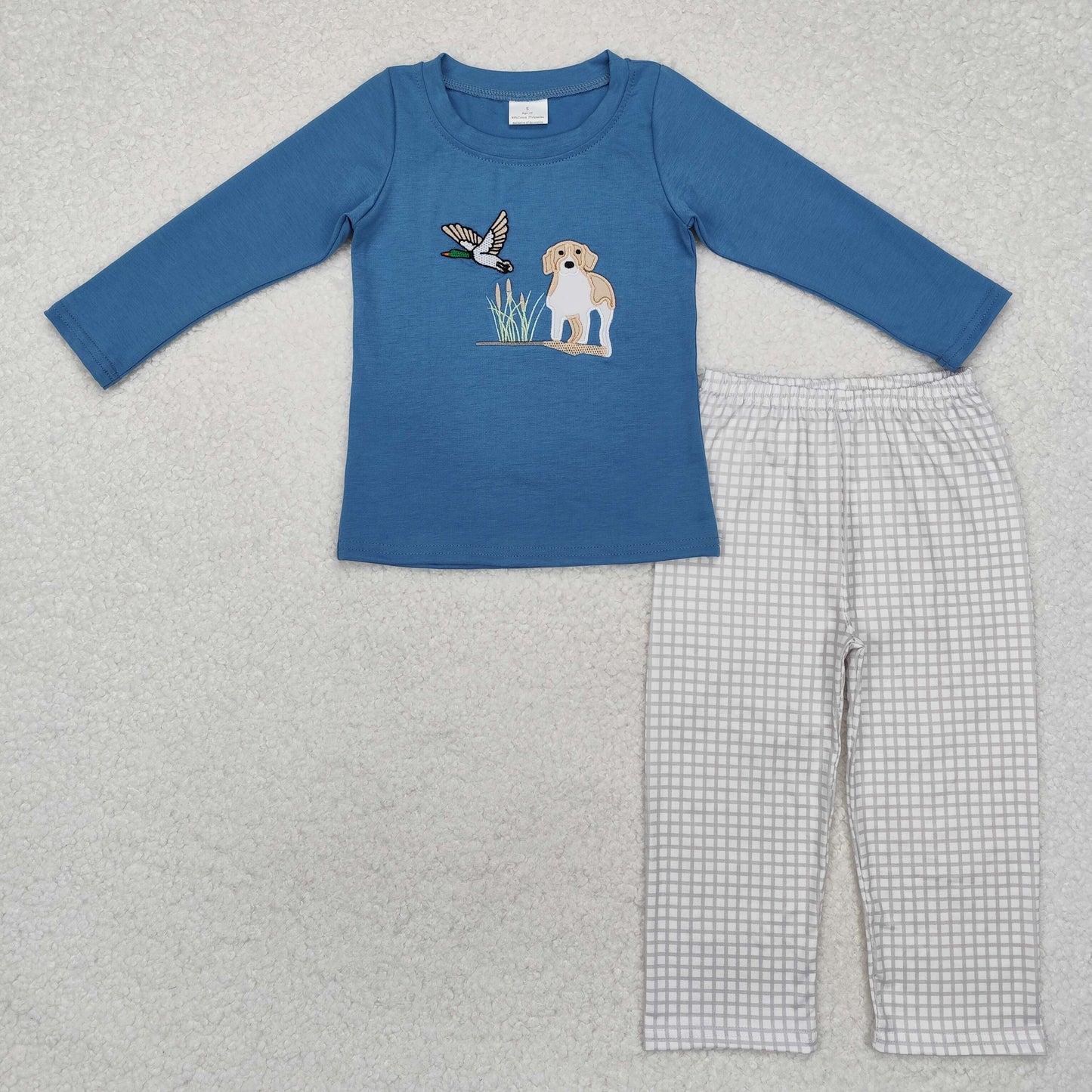 BLP0919  Dog Duck Embroidery Blue Top Plaid Pants Boys Fall Clothes Set