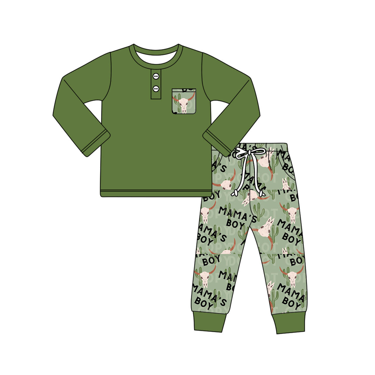 (Pre-order)BLP0920  Pocket Green Polo Top  MAMA'S BOY Skull Cactus Pants Boys Fall Clothes Set