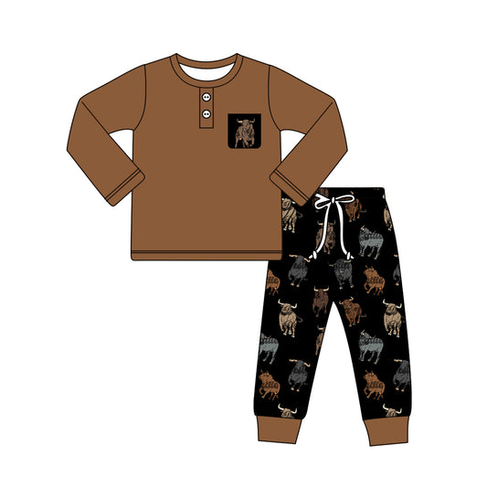 (Pre-order)BLP0923  Pocket Brown Polo Top  Cows Pants Boys Fall Western Clothes Set