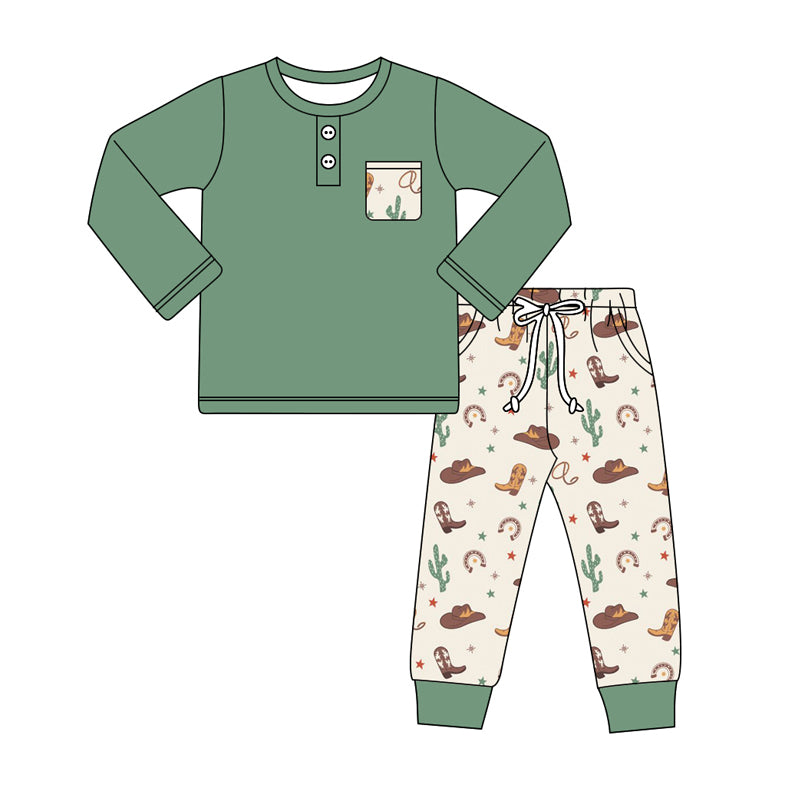 (Pre-order)BLP0925  Green Pocket Top Cactus Boots Hat Pants Boys Fall Western Clothes Set