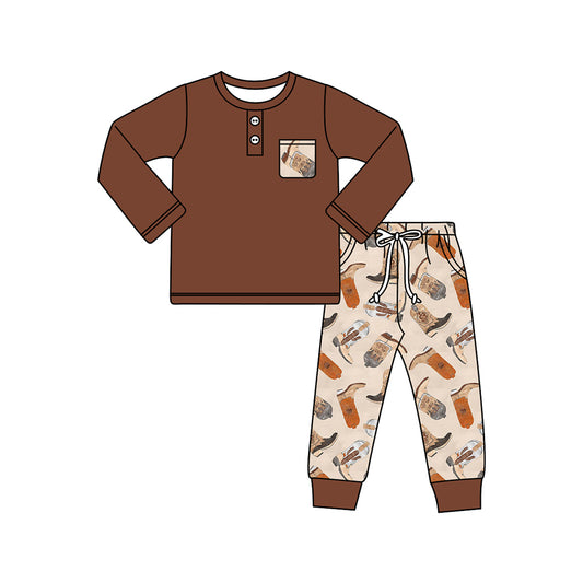 (Pre-order)BLP0926  Brown Pocket Top Boots Pants Boys Fall Western Clothes Set