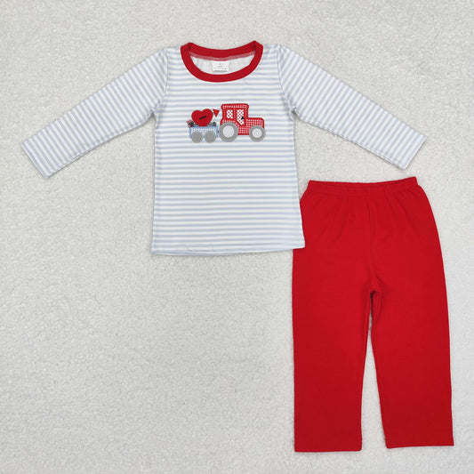 BLP0932 Tractors Heart Embroidery Top Red Pants Boys Valentine's Day Clothes Set