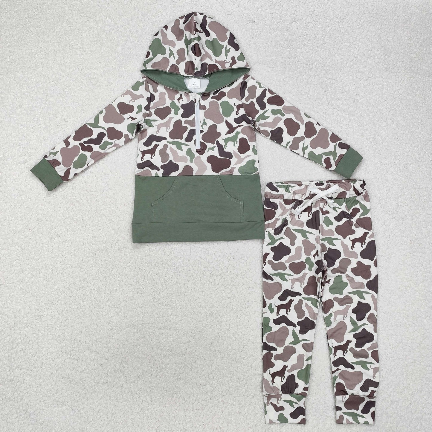 BLP0935 Green Camo Dog Print Boys Fall Hoodie Clothes Set