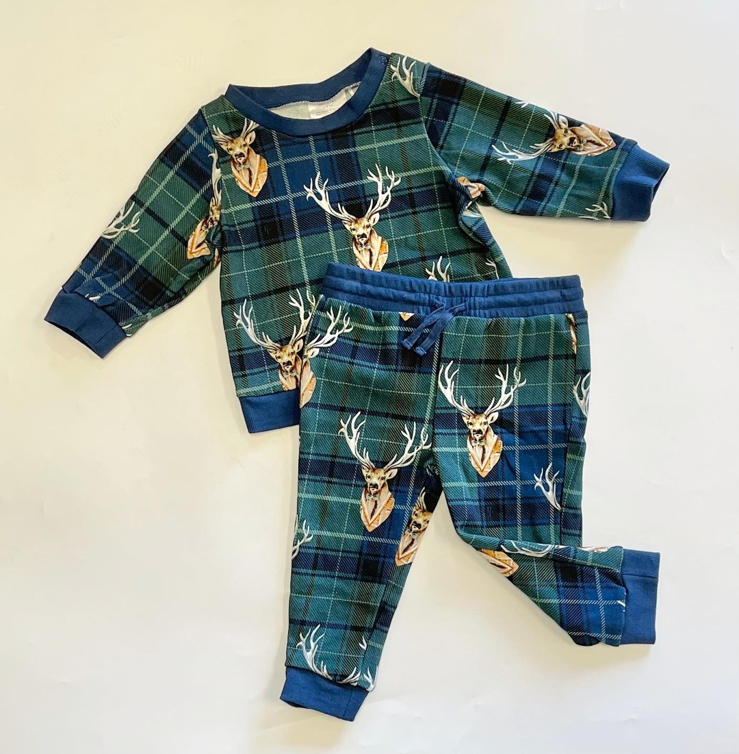 (Pre-order)BLP0936 Deer Green Navy Plaid Print Boys Fall Clothes Set