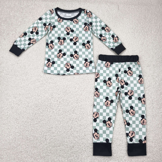 BLP0937  Cartoon Mouse Plaid Print Boys Fall Pajamas Clothes Set