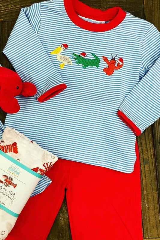 (Pre-order)BLP0938  Crocodile Stripes Top Red Pants Boys Christmas Clothes Set