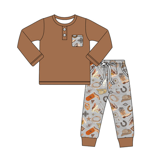 (Pre-order)BLP0942 Brown Pocket Top Boots Hat Aztec Pants Boys Westerm Clothes Set