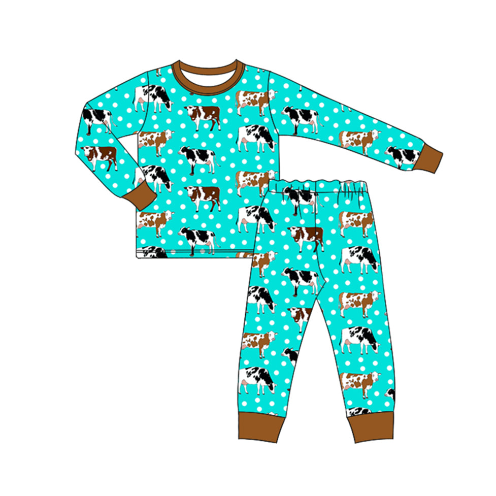 (Pre-order)BLP0943 Cows Dots Print Boys Fall Pajamas Clothes Set