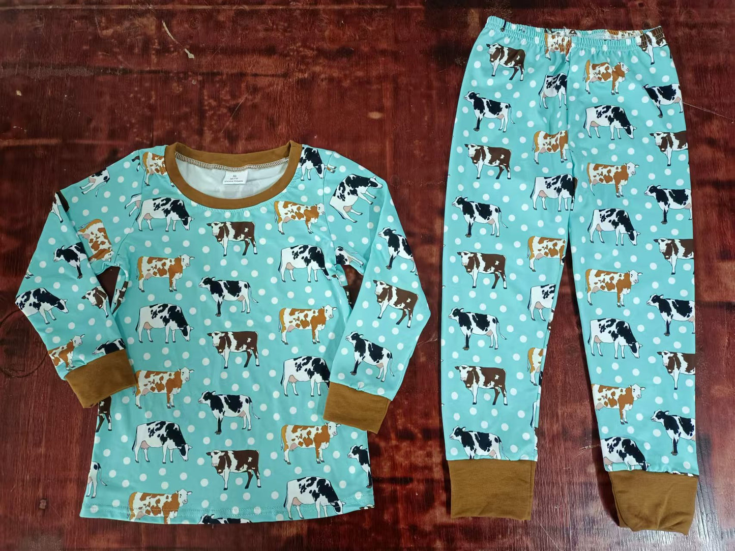 (Custom Design Preorder MOQ 3 ) Cows Dots Print Boys Fall Pajamas Clothes Set