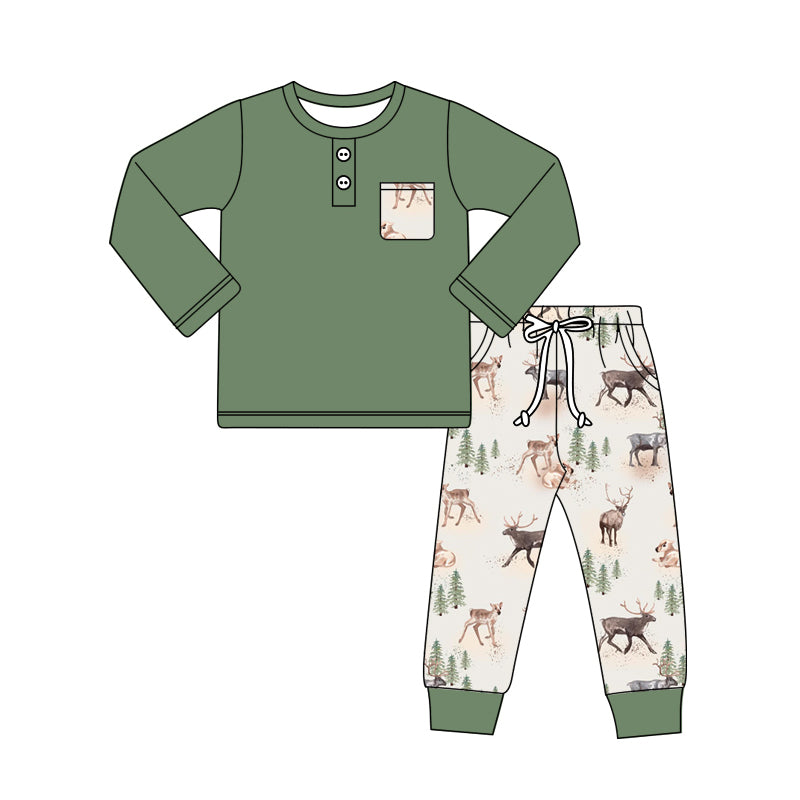 (Pre-order)BLP0944 Green Pocket Top Deer Pants Boys Fall Clothes Set