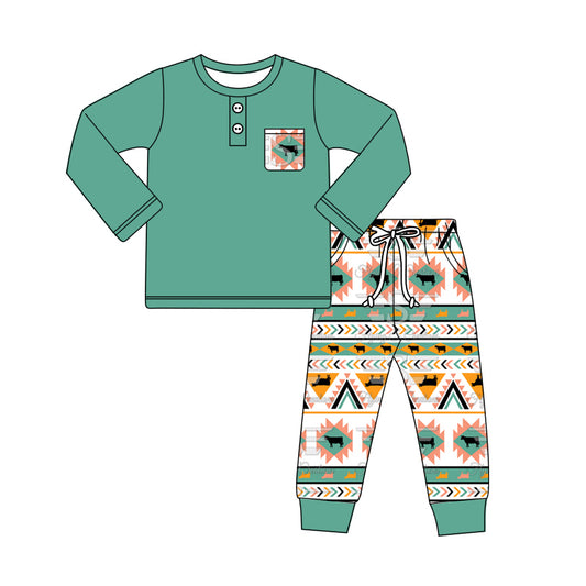 (Pre-order)BLP0950 Green Pocket Top Aztec Pants Boys Fall Western Clothes Set