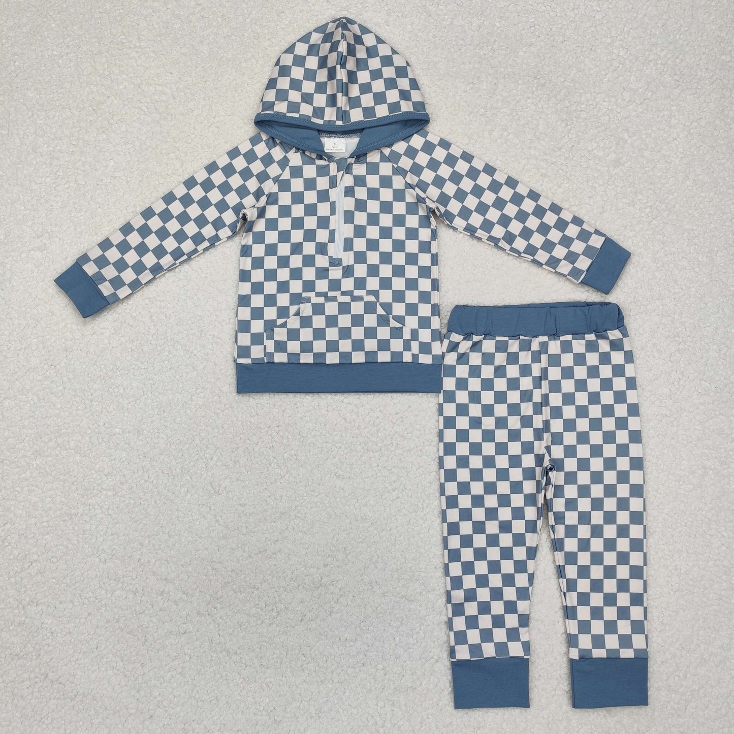 Plaid Hoodie Zipper Top Pants Kids Fall Clothes Set Sibling Wear