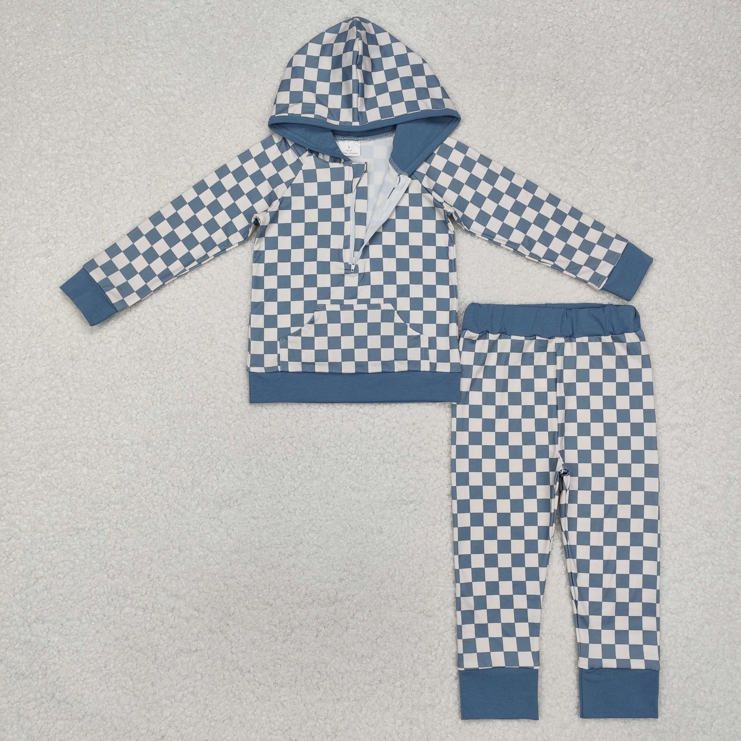 BLP0951 Blue Plaid Hoodie Zipper Top Pants Boys Fall Clothes Set