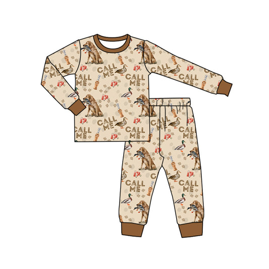 (Pre-order)BLP0956 CALL ME Dog Duck Brown Print Kids Fall Pajamas Clothes Set