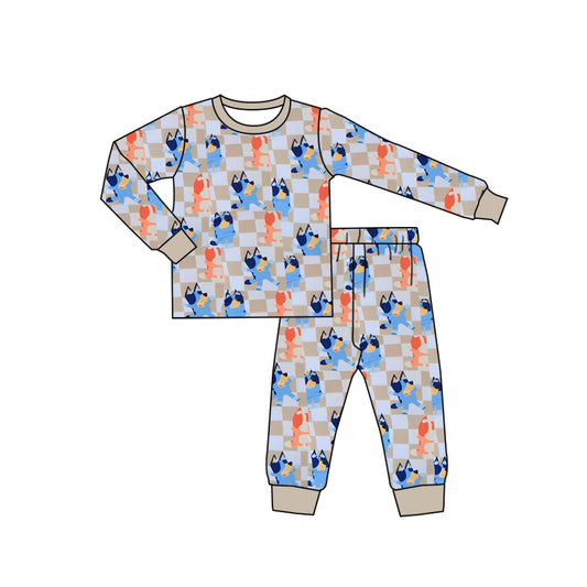 (Pre-order)BLP0957 Cartoon Dog Plaid Print Kids Fall Pajamas Clothes Set