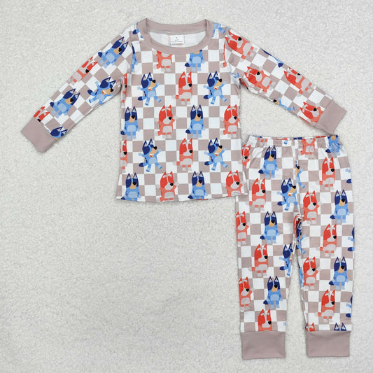 BLP0957 Cartoon Dog Plaid Print Kids Fall Pajamas Clothes Set