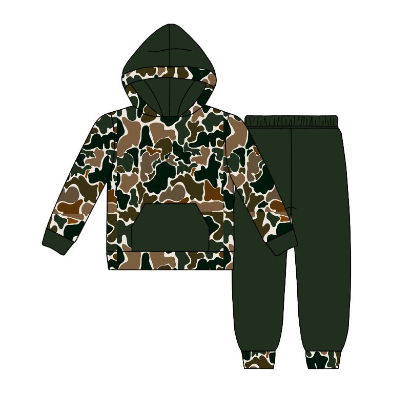 (Pre-order)BLP0962  Dark Green Brown Camo Print Boys Fall Hoodie Clothes Set