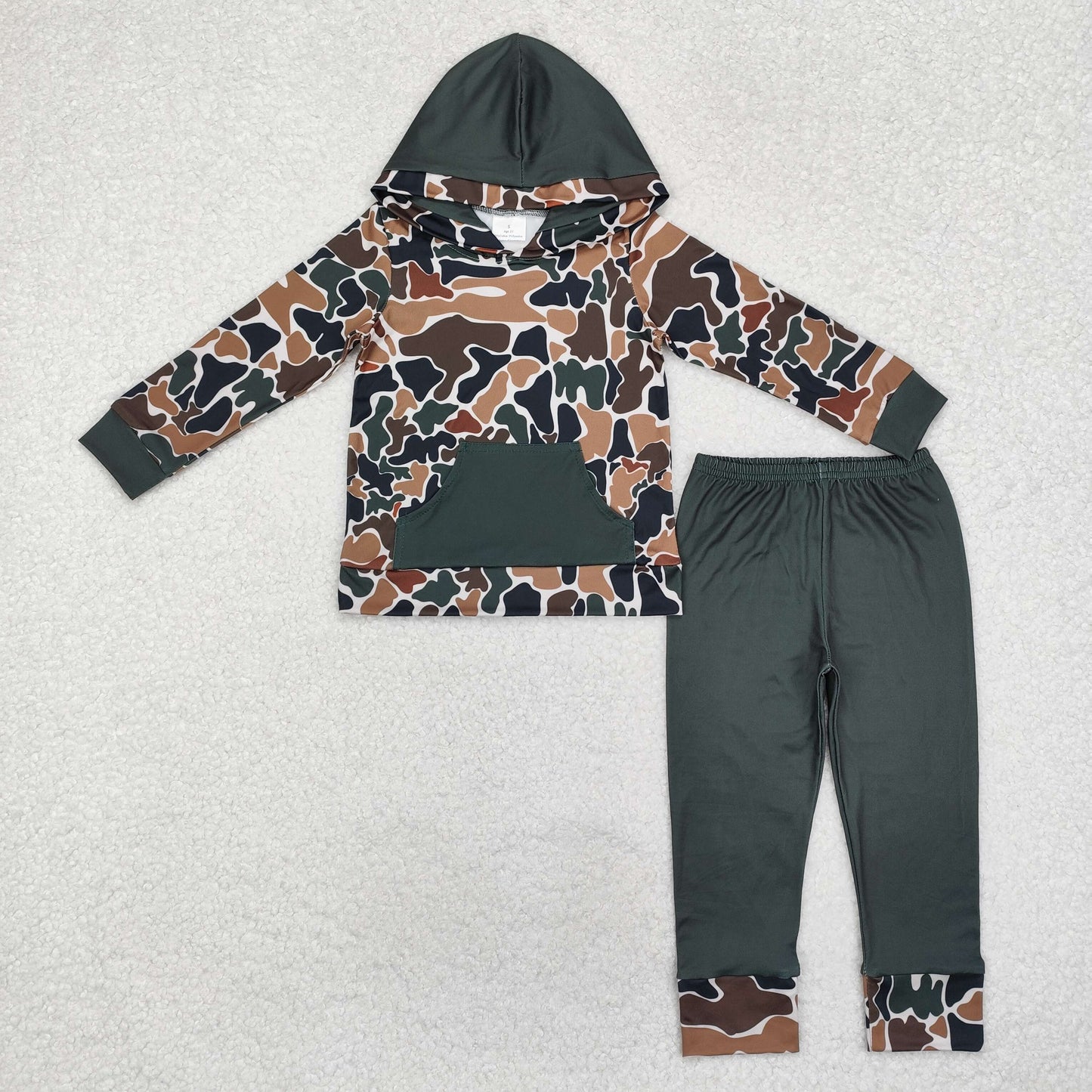 BLP0962  Dark Green Brown Camo Print Boys Fall Hoodie Clothes Set