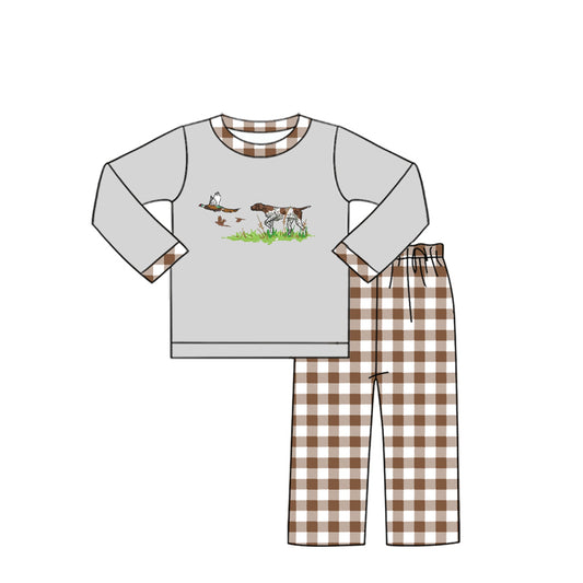 (Pre-order)BLP0977  Dog Duck Gray Top Plaid Pants Boys Fall Clothes Set