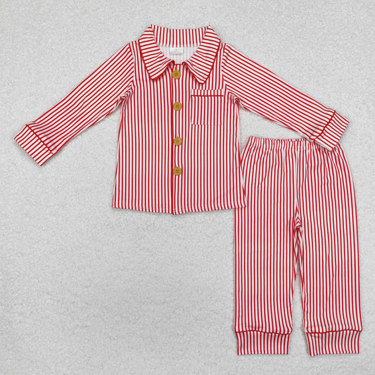 BLP0980 Red Stripes Print Boys Christmas Buttons Pajamas Clothes Set