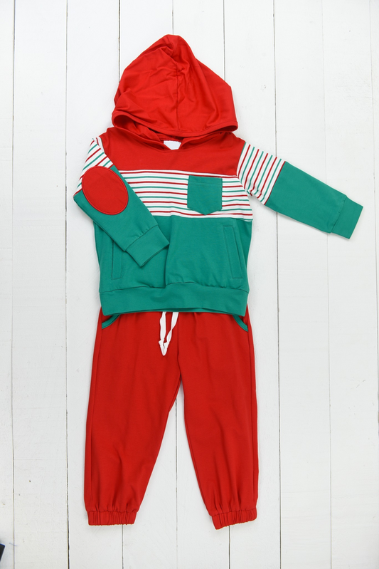 (Pre-order)BLP0982  Stripes Pockets Green Hoodie Top Red Pants Boys Christmas Clothes Set