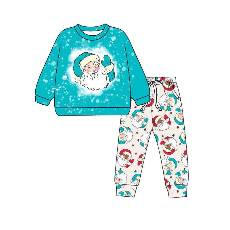 (Pre-order)BLP0984 Santa Blue Print Boys Christmas Clothes Set