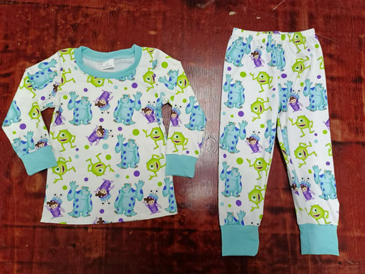 (Custom Design Preorder MOQ 3 ) Cartoon Monster Print Boys Fall Pajamas Clothes Set