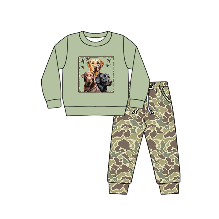 (Pre-order)BLP0989  Dog Duck Green Top Camo Pants Boys Fall Clothes Set